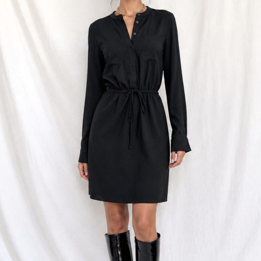 Vintage Y2K Black Long Sleeve Knee Length Waist Tie Shirt Dress Size S/M